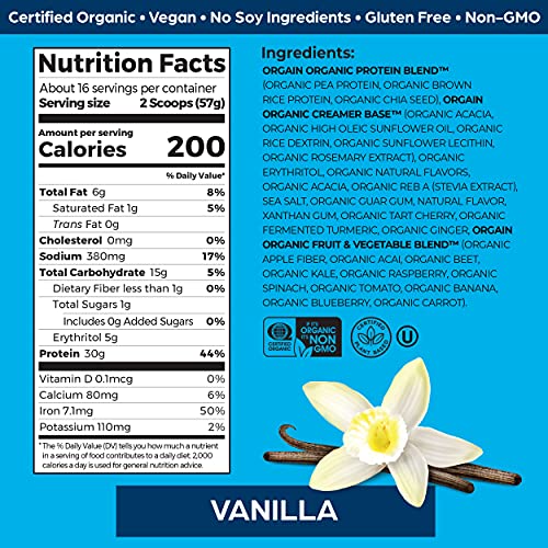 Orgain Vanilla Sport Plant-Based Protein Powder - 30g of Protein, Made with Organic Turmeric, Ginger, Beets, Chia Seeds, Brown Rice and Fiber, Vegan, Made Without Gluten & Dairy, Non-GMO, 2.01 lb