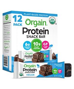 orgain organic plant based protein bar, chocolate brownie – 10g of protein, vegan, gluten free, dairy free, soy free, lactose free, kosher, non-gmo, 1.41 ounce, 12 count (packaging may vary)