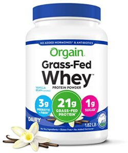 orgain grass fed whey protein powder, vanilla bean – 21g of protein, low net carbs, gluten free, soy free, no sugar added, kosher, 1.82 lb (packaging may vary)