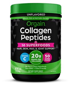 orgain hydrolyzed collagen peptides powder + superfoods, 20g grass fed collagen – hair, skin, nail, & joint support supplement, paleo & keto, non-gmo, type i and iii, 1lb (packaging may vary)