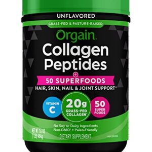 Orgain Hydrolyzed Collagen Peptides Powder + Superfoods, 20g Grass Fed Collagen - Hair, Skin, Nail, & Joint Support Supplement, Paleo & Keto, Non-GMO, Type I and III, 1lb (Packaging May Vary)