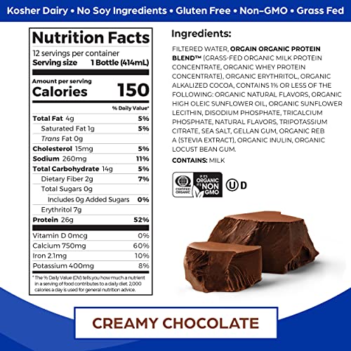 Orgain Organic 26g Grass Fed Whey Protein Shake, Creamy Chocolate - Meal Replacement, Ready to Drink, Low Net Carbs, No Sugar Added, Gluten Free, 14 Fl Oz (Pack of 12) (Packaging May Vary)