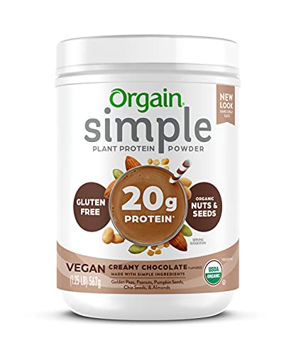 Orgain Simple Organic Vegan Protein Powder, Chocolate - 20g of Plant Based, Made with Fewer Ingredients and Without Dairy, Gluten and Stevia, Kosher, Non-GMO, 1.25 Lb (Packaging May Vary)