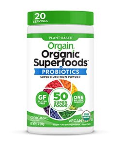 orgain organic green superfoods powder, original – antioxidants, 1 billion probiotics, vegan, dairy free, gluten free, kosher, non-gmo, 0.62 pound (packaging may vary)