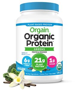 orgain organic protein & greens vegan protein powder, vanilla bean – 21g of plant based protein, gluten free, non-gmo, 1.94 pound, 1 count, packaging may vary