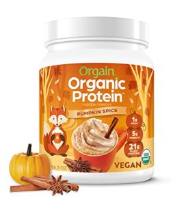 orgain organic vegan protein powder, pumpkin spice – 21g of plant based protein, non dairy, gluten free, 1g of sugar, soy free, kosher, non-gmo, 1.02 lb (packaging may vary)