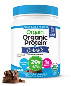 orgain vegan protein powder + oatmilk, chocolate, 20g of plant based protein, 1g of sugar, made from organic oats, no dairy or soy, non-gmo, 1lb