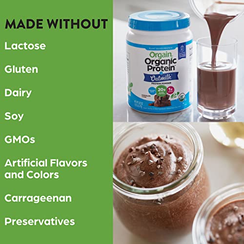 Orgain Vegan Protein Powder + Oatmilk, Chocolate, 20g of Plant Based Protein, 1g of Sugar, Made from Organic Oats, No Dairy or Soy, Non-GMO, 1lb