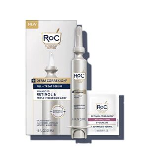 roc derm correxion fill + treat advanced retinol serum, wrinkle filler treatment with hyaluronic acid for forehead wrinkles, crow’s feet, eleven wrinkles, and laugh lines, 15ml