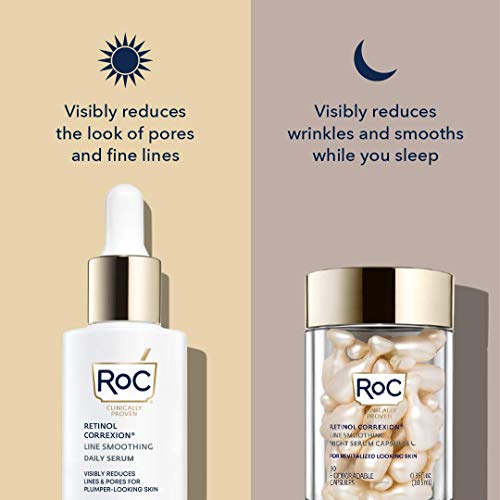 RoC Retinol Correxion Anti-Aging Wrinkle Night Serum, Daily Line Smoothing Skin Care Treatment for Fine Lines, Dark Spots, Post-Acne Scars, 30 Individual Capsules, Unscented, 0.35 Fl Oz