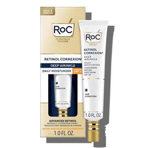 roc retinol correxion deep wrinkle daily face moisturizer with sunscreen spf 30, skin care treatment for fine lines, dark spots, post-acne scars, 1 ounce