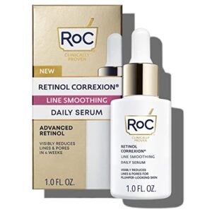 roc retinol correxion pore refining line smoothing serum, daily anti-aging wrinkle treatment with squalane, skin care for fine lines, dark spots, post-acne marks, 1 fl oz