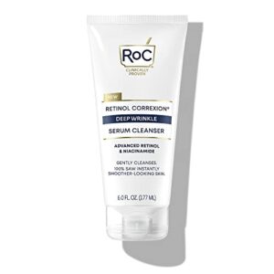 roc retinol correxion deep wrinkle serum facial cleanser with niacinamide for anti-aging and fine lines, long-wear makeup remover, fragrance free skin care, opthalmologist tested, 6.0 fl oz