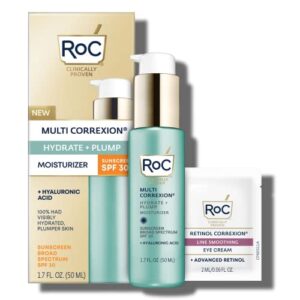 roc multi correxion 1.5% pure hyaluronic acid anti aging daily face moisturizer with broad spectrum sunscreen spf 30 (1.7 oz) + eye cream packette, paraben-free skin care for women & men