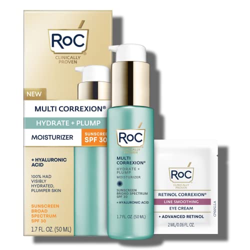 RoC Multi Correxion 1.5% Pure Hyaluronic Acid Anti Aging Daily Face Moisturizer with Broad Spectrum Sunscreen SPF 30 (1.7 oz) + Eye Cream Packette, Paraben-free Skin Care for Women & Men