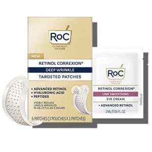 roc retinol correxion deep wrinkle non-invasive targeted patches with hyaluronic acid + firming peptides for forehead and between eyes, 3 pouches of 2 patches each + 1 packette of eye cream