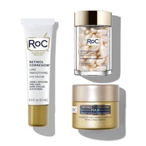 roc retinol correxion line smoothing regimen eye cream + retinol serum capsules for night + max hydration crème with hyaluronic acid for day, skin care bundle for women & men