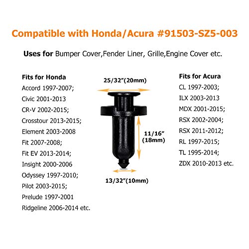 Dr.Roc Replacement for Bumper Clips Fender Liner Retainers Engine Cover Grill Trim Panel Fasteners Rivets Honda Acura 91512-SX0-003 91503-SZ3-003 91506-S9A-003 91503-SZ5-003