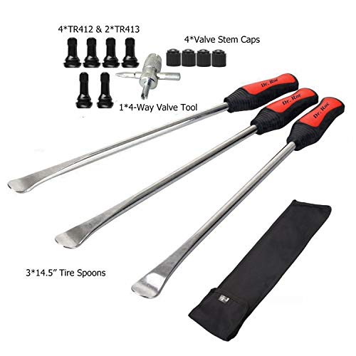 Dr.Roc 14.5 inch Perfect Leverage Tire Spoon Lever Iron Tool Kit Motorcycle Dirt Bike Lawn Mower Professional Tire Changing Tool with Durable Bag 3 PCS Tire Spoons with Tire Valve Stem TR412 TR413