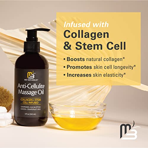 Anti Cellulite Massage Oil Infused with Collagen and Stem Cell - Skin Tightening Cellulite Cream Moisturizing Body Oil Skincare for Thighs Belly Legs - Body Massage Oil for Sore Muscles by M3 Naturals