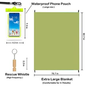 Gold Roc Sandless Beach Blanket & Waterproof Phone Pouch & Outdoor Survival Whistle, Extra Large Outdoor Picnic Mat, Pocket Camping Mat for Travel, Camping, Hiking (Green, Large)