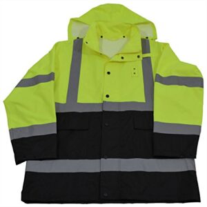 petra roc lbrjk-c3-5x rain parka jacket ansi/isea class 3 waterproof, two tone lime/black with detachable hood, storm flap & zipper/snap closure, no lining, 5x