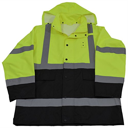 Petra Roc LBRJK-C3-5X Rain Parka Jacket ANSI/ISEA Class 3 Waterproof, Two Tone Lime/Black with Detachable Hood, Storm Flap & Zipper/Snap Closure, No Lining, 5X