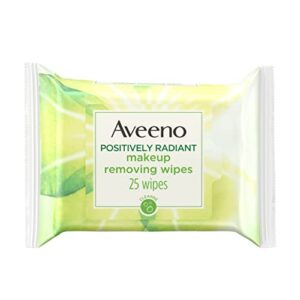 aveeno positively radiant oil-free makeup removing facial cleansing wipes to help even skin tone & texture with moisture-rich soy extract, gentle & non-comedogenic, 25 ct.
