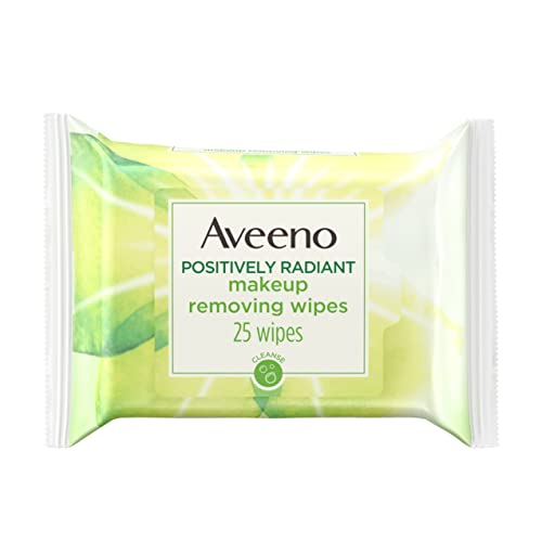 Aveeno Positively Radiant Oil-Free Makeup Removing Facial Cleansing Wipes to Help Even Skin Tone & Texture with Moisture-Rich Soy Extract, Gentle & Non-Comedogenic, 25 ct.