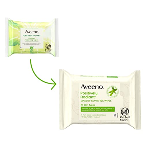 Aveeno Positively Radiant Oil-Free Makeup Removing Facial Cleansing Wipes to Help Even Skin Tone & Texture with Moisture-Rich Soy Extract, Gentle & Non-Comedogenic, 25 ct.