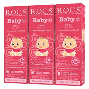 r.o.c.s. baby toothpaste – soft protective formula for teeth and gums – for babies and toddlers 0-3 years old – safe to swallow – natural, no fluoride or sulfate (apple, pack of 3)