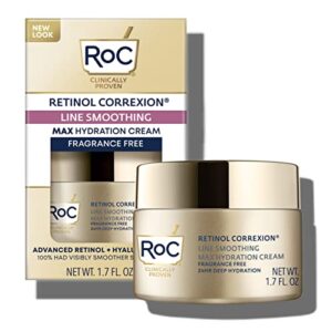 roc retinol correxion max hydration anti-aging daily face moisturizer with hyaluronic acid, fragrance-free, oil free skin care for fine lines, dark spots, post- acne scars, 1.7 ounces (packaging may vary)