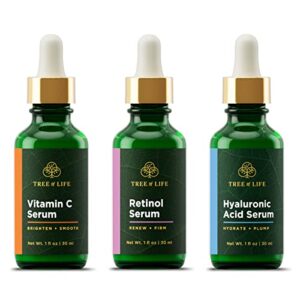 tree of life vitamin c serum, retinol serum and hyaluronic acid serum for brightening, firming, and hydrating for face; total skin reset day & night, 3 count x 1 fl oz