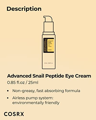 COSRX Advanced Snail Peptide Eye Cream with 73.7% Snail Mucin + 2% Niacinamide, 0.85 fl.oz / 25ml | Brightening Night Cream for Fine Lines & Dark Circles, Korean Skin Care, Not Tested on Animals