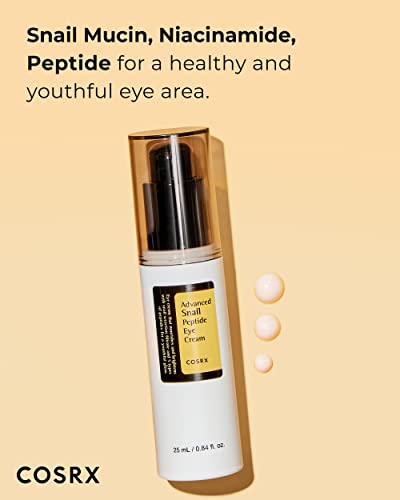 COSRX Advanced Snail Peptide Eye Cream with 73.7% Snail Mucin + 2% Niacinamide, 0.85 fl.oz / 25ml | Brightening Night Cream for Fine Lines & Dark Circles, Korean Skin Care, Not Tested on Animals