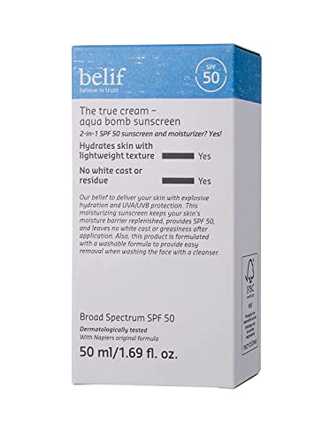 belif Aqua Bomb Sunscreen Broad Spectrum SPF 50 | Lightweight 2-in-1 Moisturizing Sunscreen | Skin Hydrating with UV Rays Blocking | Moisture Barrier Replenishment, Clean Finish | 1.69 fl. Oz