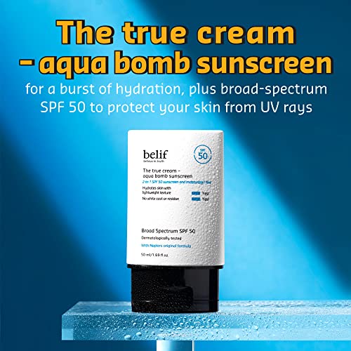 belif Aqua Bomb Sunscreen Broad Spectrum SPF 50 | Lightweight 2-in-1 Moisturizing Sunscreen | Skin Hydrating with UV Rays Blocking | Moisture Barrier Replenishment, Clean Finish | 1.69 fl. Oz