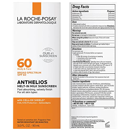 La Roche-Posay Anthelios Melt-In Milk Body & Face Sunscreen SPF 60, Oil Free Sunscreen for Sensitive Skin, Sport Sunscreen Lotion, Sun Protection and Sun Skin Care, Oxybenzone Free