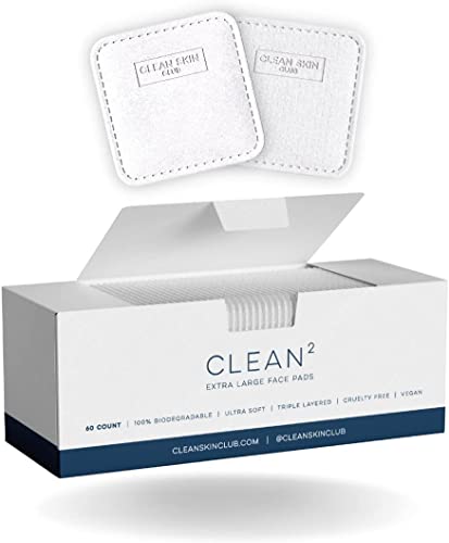 Clean Skin Club Clean² Extra Large Face Pads, Guaranteed Not to Shed & Tear, Unique Triple Layers, Textured Side & Ultra Soft Side, Vegan Organic Disposable Cotton, Used with Makeup Remover (1 Pack)