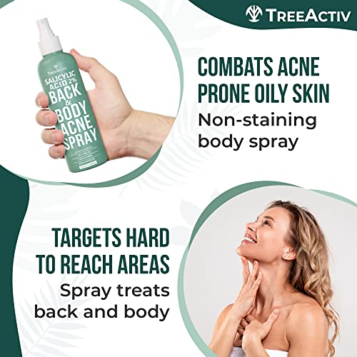 TreeActiv Salicylic Acid Back & Body Acne Spray - 2% Salicylic Acid Spray for Back Acne Solution For Women And Men - Back Acne Treatment Organic For Body That Prevents & Shrinks Body Acne - 4oz 2-pack