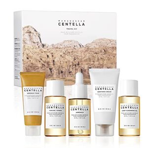 skin1004 madagascar centella travel kit | toner, ampoule, soothing cream, cleansing oil, ampoule foam | basic skincare box | compact size | soothing calming
