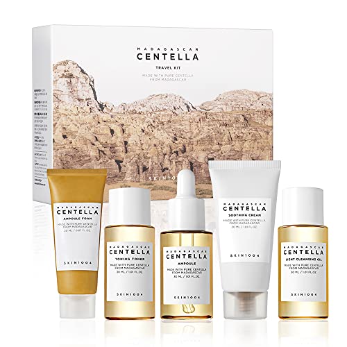 SKIN1004 Madagascar Centella Travel Kit | Toner, Ampoule, Soothing Cream, Cleansing Oil, Ampoule Foam | Basic Skincare Box | Compact Size | Soothing Calming