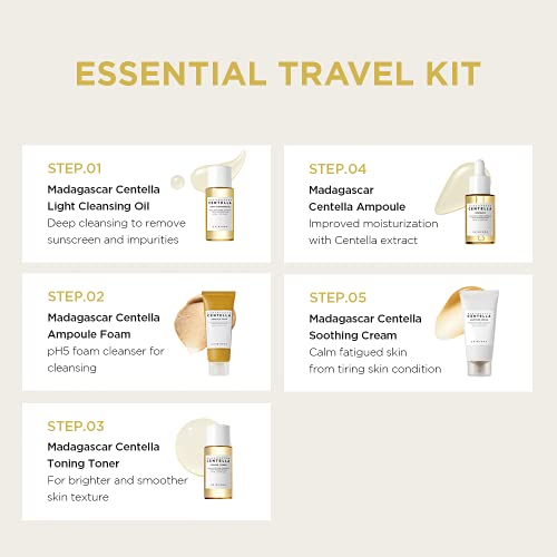 SKIN1004 Madagascar Centella Travel Kit | Toner, Ampoule, Soothing Cream, Cleansing Oil, Ampoule Foam | Basic Skincare Box | Compact Size | Soothing Calming
