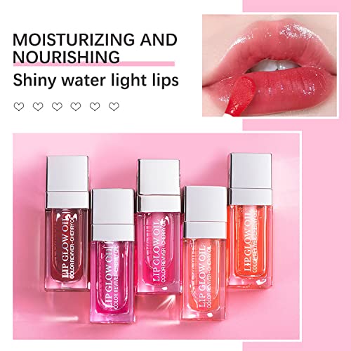 MAEPEOR Hydrating Lip Oil 5 Colors Moisturizing Glossy Lip Glow Oil Not Greasy Long-lasting Lip Balm for Nourishing Repairing and Softening Lip with Big Brush Head (Colors 01)