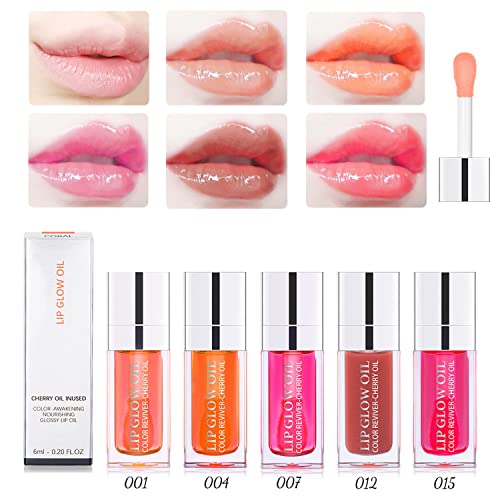 MAEPEOR Hydrating Lip Oil 5 Colors Moisturizing Glossy Lip Glow Oil Not Greasy Long-lasting Lip Balm for Nourishing Repairing and Softening Lip with Big Brush Head (Colors 01)