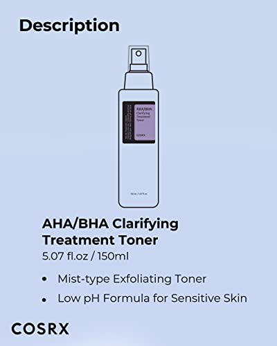 COSRX AHA/BHA Treatment Toner, Facial Exfoliating Spray for Whiteheads, Pores, and Uneven Skin, 5.07 fl.oz/ 150ml, Not Tested on Animals, No Parabens, No Sulfates, No Phthalates, Korean Skincare