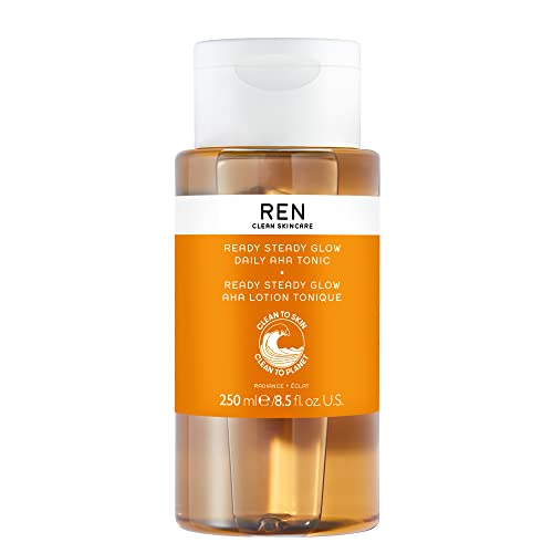 REN Clean Skincare Glow Tonic - Daily Facial Brightening - Exfoliate, Hydrate & Even Skin Tone with Resurfacing AHAs & BHAs - Cruelty Free & Vegan Pore Reducing Toner, 8.5 Fl Oz