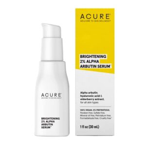 acure brightening 2% alpha arbutin serum | 100% vegan | for all skin types | with alpha arbutin, hyaluronic acid & elderberry extract | brightens & improves skin tone | 1 fl oz