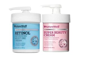 naturewell clinical retinol + super beauty bundle, retinol advanced moisturizer + super beauty moisturizer, non-greasy, ultimate hydration, for face & body, 16 oz each