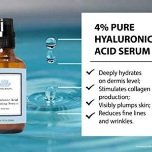 Hyaluronic Acid Serum for Face Skin Eyes Lips by Joyal Beauty. 100% Pure Best Anti-aging Hydrating Original Hyaluronan for Topical Use. Highest 4% Solution. Best Anti Wrinkle Smoother